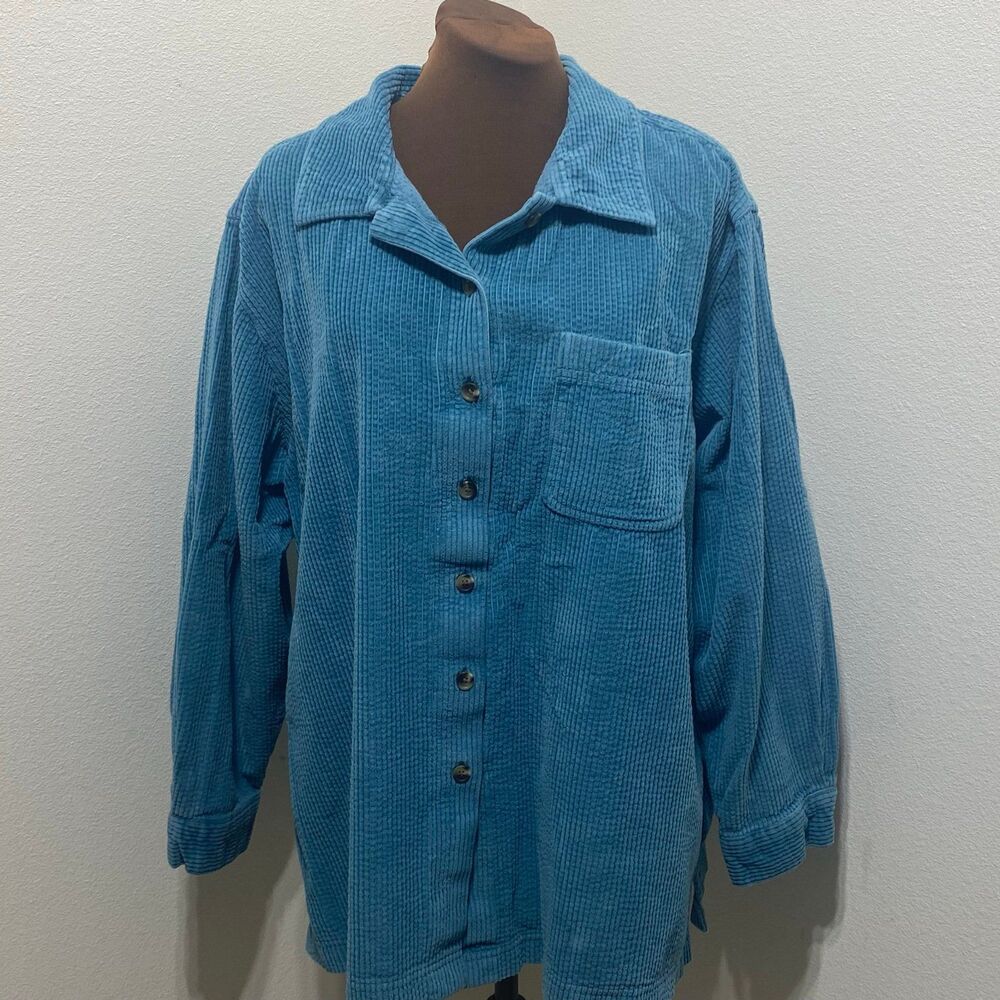 LL Bean Corduroy Button Up Shirt Jacket Womens 2X Reg Blue 100% Cotton Shacket